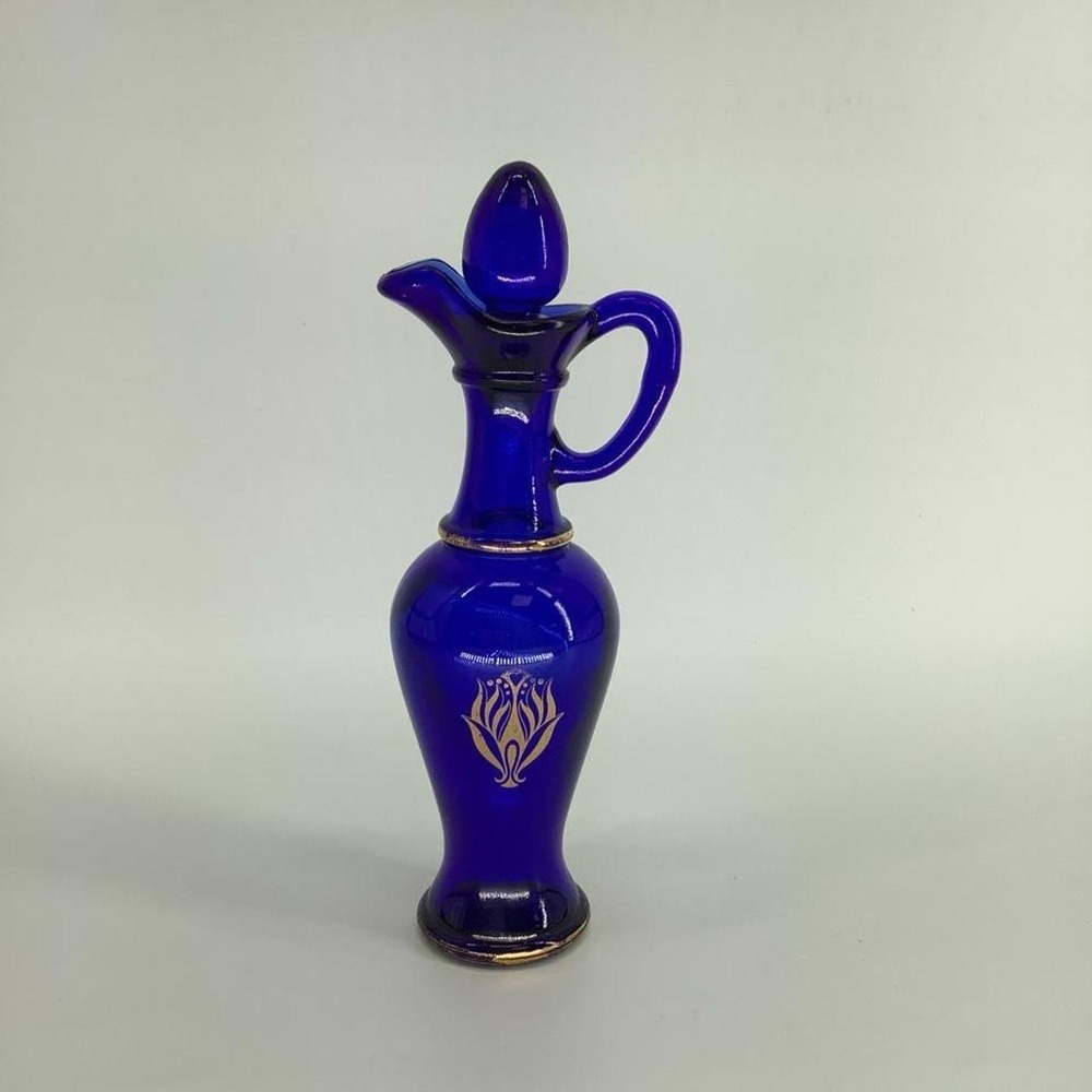 Vintage 1970s Avon Cobalt Blue Glass Decanter Cruet Gold Floral Design Stopper